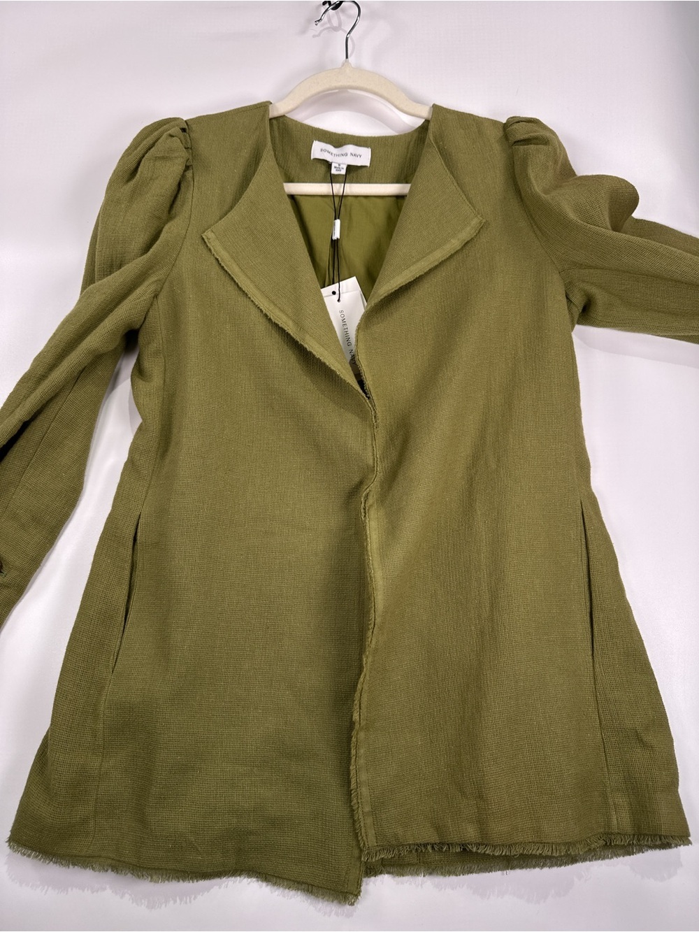 Something Navy Puff Shoulder Blazer Raw Hem Linen Cotton Blend Green Small - Picture 3 of 14